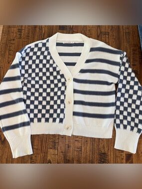 moon & madison Cream and Navy checkered and striped Button Cardigan Size Medium